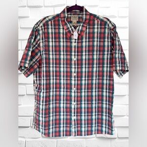 L.L. Bean Short Sleeve Men’s Large Slightly Fitted Red Blue Striped Plaid Shirt